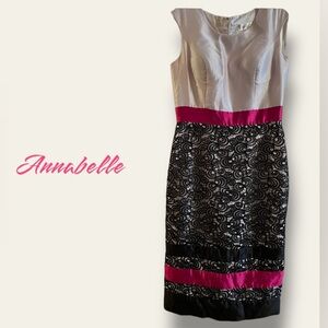 🩷 Annabelle Women’s Dress SZ:10. Elegant Embroidered Black Lace w Pink/boutique